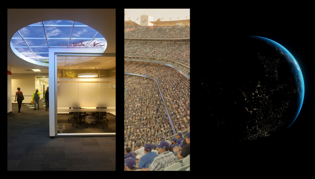 Sky Factory Install, Stadium, and Earth at Night Collage