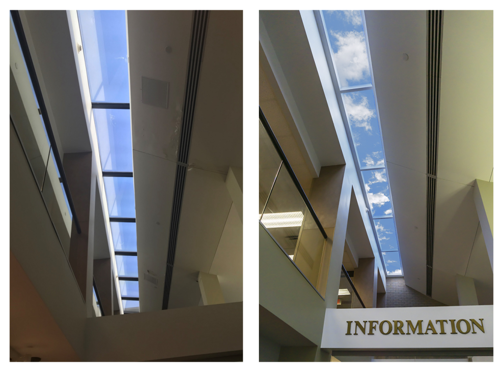 A side by side comparison of Iowa Lutheran Hospital Lobby with the old Sky Light and the new Sky Factory Virtual SkyCeiling