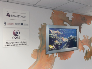 Sky Factory eSea Digital Virtual Aquarium installed in a hallway at the Armand Trousseau Reconstructive Orthopedic Children's Surgery Department.