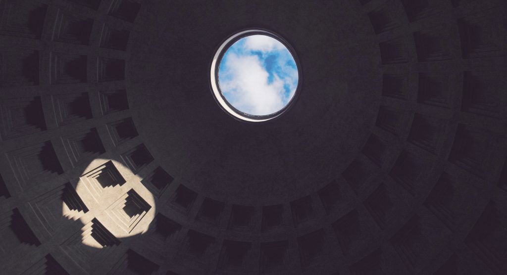 Blue sky and clouds visible through Pantheon Occulus in Rome